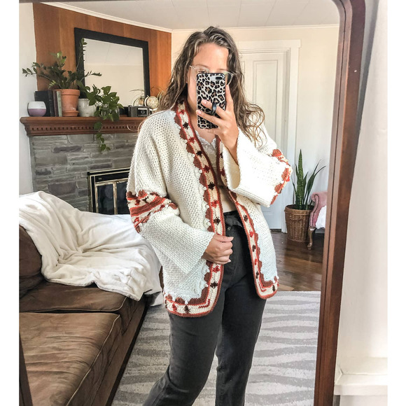 Sweaters - Women's OS Tribal Southwestern Handknit Handmade Cardigan Sweater Chunky Knit